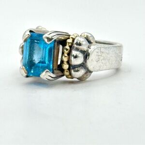 Lagos Vintage Caviar Blue Topaz , Sterling Silver, & 18 Kt Gold Ring Size 7